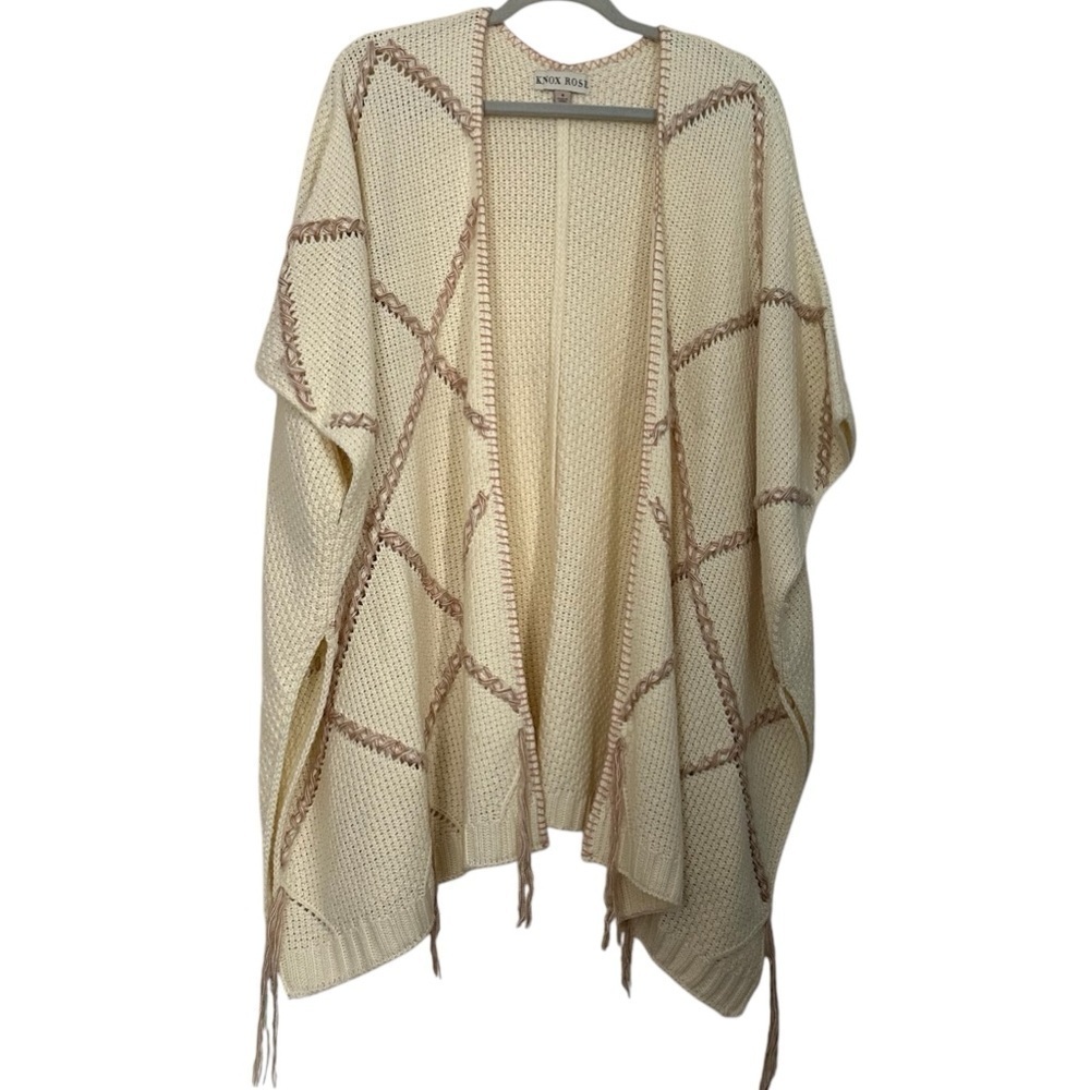 Knox Rose Cape Shawl Poncho Cream Knit Crocheted Trim Fringe Cottagecore Sz S-M